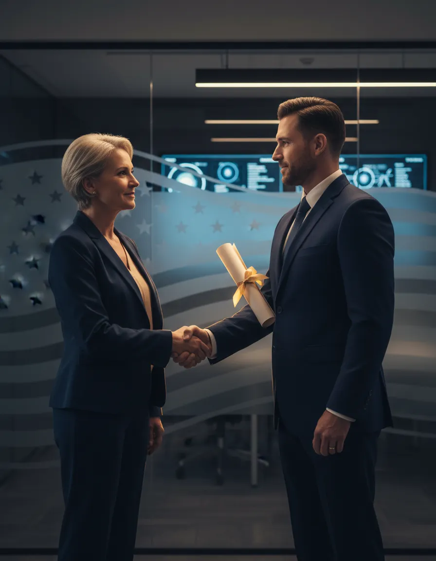 A veteran receiving a certification or shaking hands with a mentor in a corporate environment