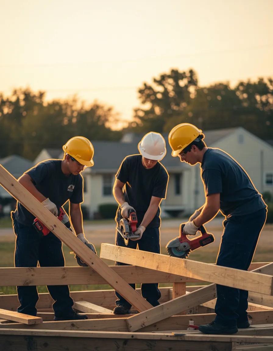 Apprentices actively building a small home frame with focus and skill