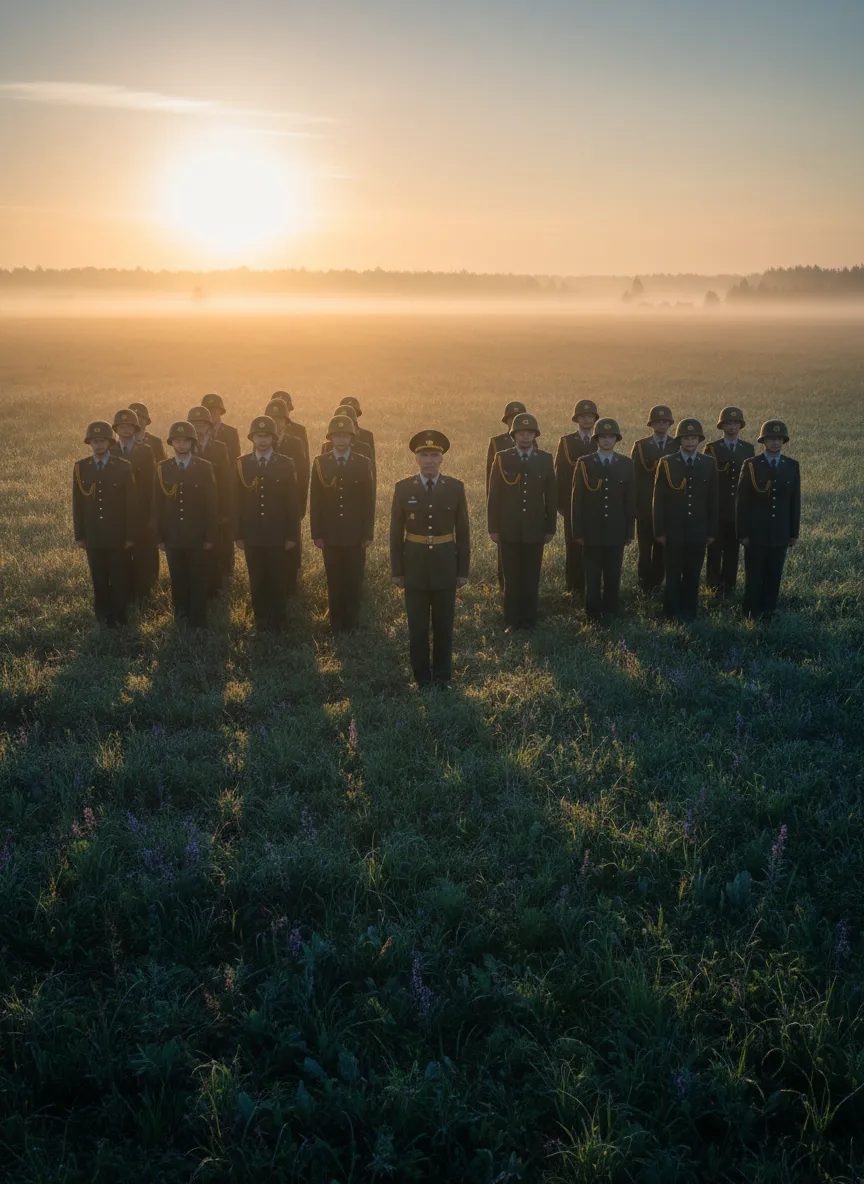 Youth cadets in formation outdoors under morning light, guided by a veteran instructor