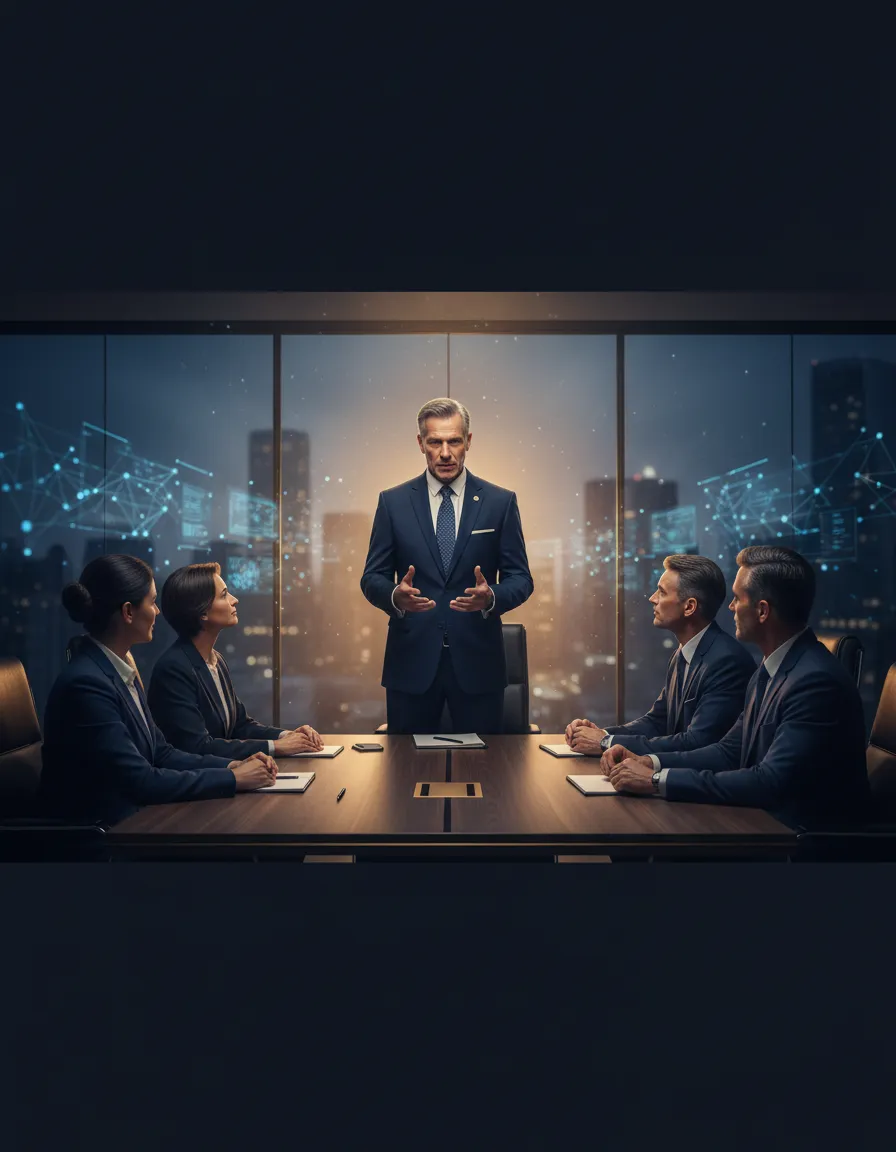 Confident veteran leading a boardroom strategy session