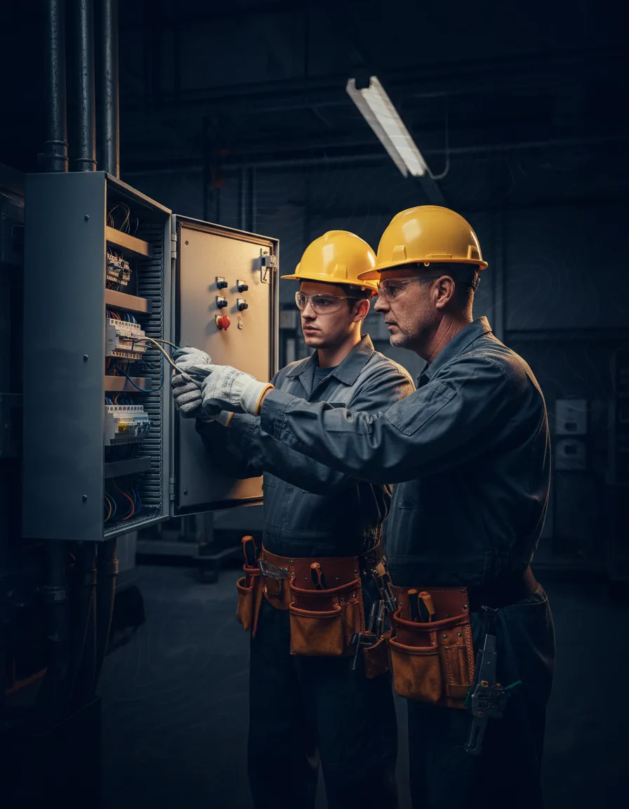 Apprentice and mentor in full work gear