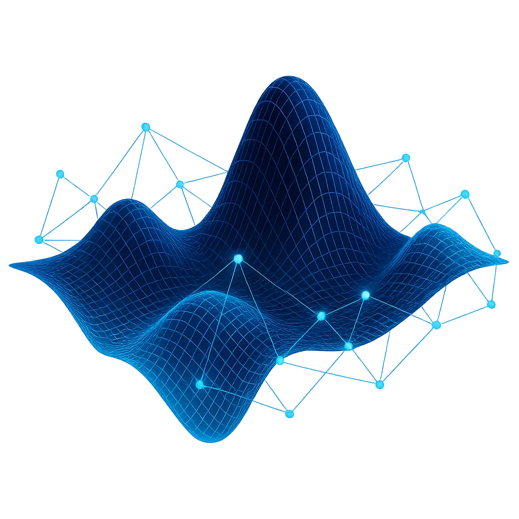 Abstract geometric AI wave representation, blue glowing nodes on transparent background