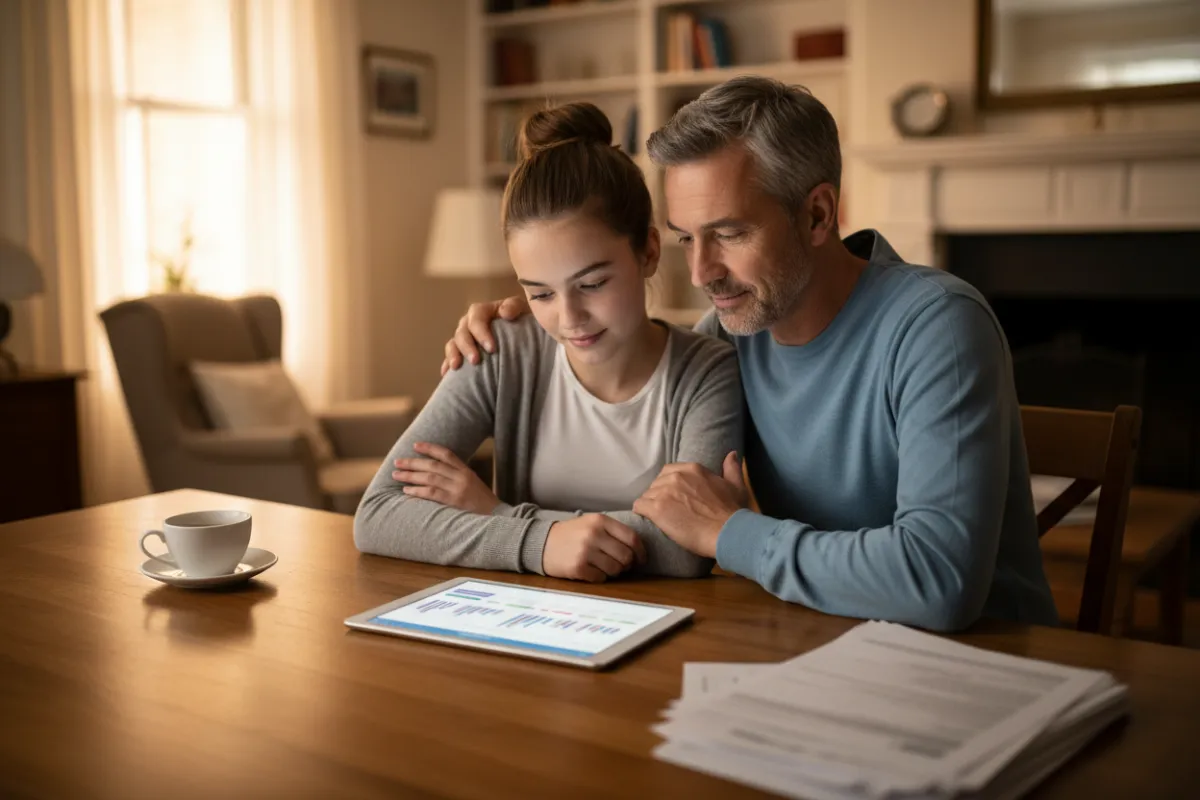 Middle-aged man and teenage daughter sit together at a dining table, reviewing online banking on a tablet. Both look reassured and focused, symbolizing family financial security after fraud prevention coaching. Evening light, cozy home, realistic style.