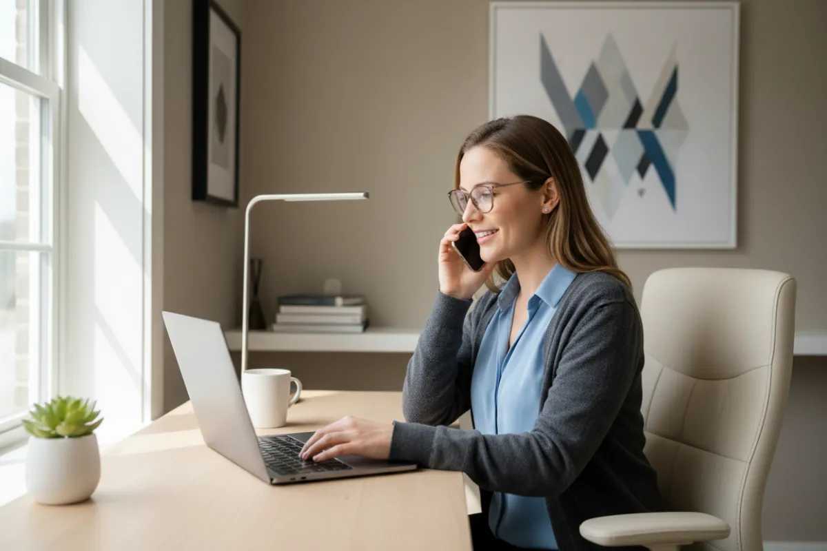Young professional woman in her 30s, wearing glasses, speaks on the phone while typing on a laptop in a bright, organized home office. She appears approachable and attentive, representing responsive client support. Realistic, daylight, modern decor.