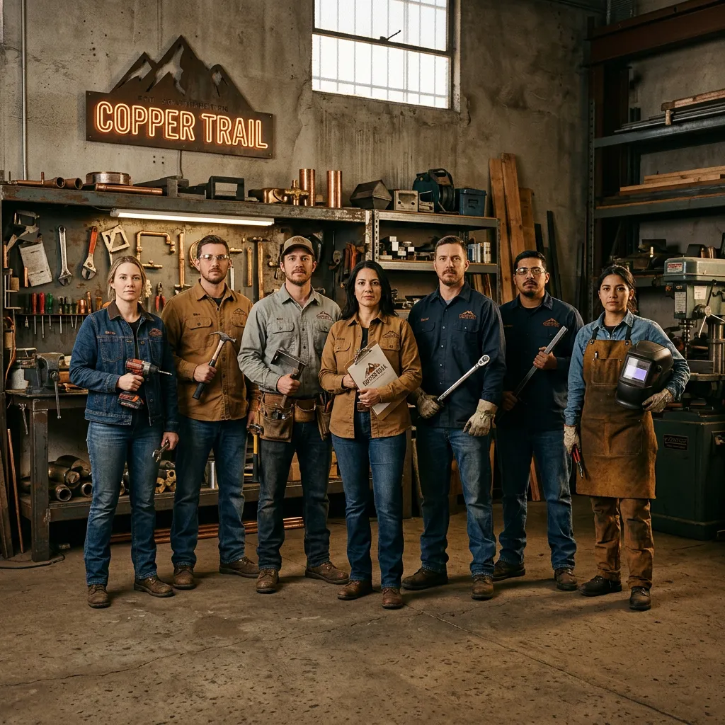 Southwestern workshop illustration with HVAC tools and copper accents
