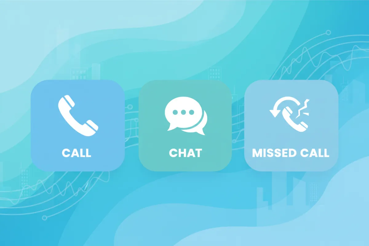 A flat vector illustration showing three large, stylized buttons labeled Call, Chat, and Missed Call, each with a unique icon. The background features abstract gradients in blue and teal, with subtle real estate motifs like building outlines and digital waves.