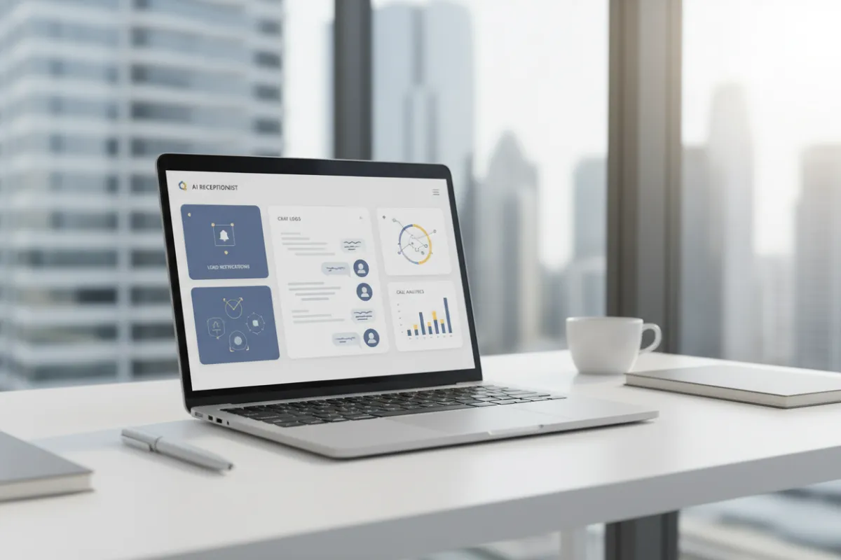 AI Receptionist dashboard interface with real estate lead notifications, chat logs, and call analytics, shown on a modern laptop screen in a bright office setting.