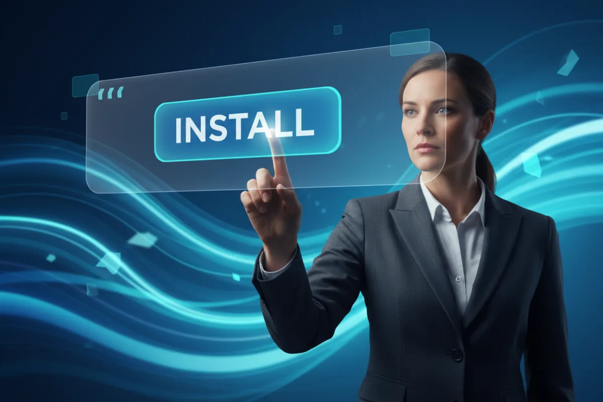 A real estate agent pressing a large digital 'Install' button on a touchscreen, with abstract blue and teal waves in the background. The agent is mid-30s, professional, and the scene conveys decisive action and technological advancement.