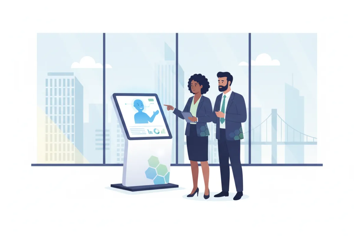 A modern, stylized illustration of a real estate office lobby with a digital kiosk displaying an AI avatar, two diverse real estate agents in business attire interacting with the system, and subtle branding elements. The background features large windows and a cityscape, evoking professionalism and innovation.