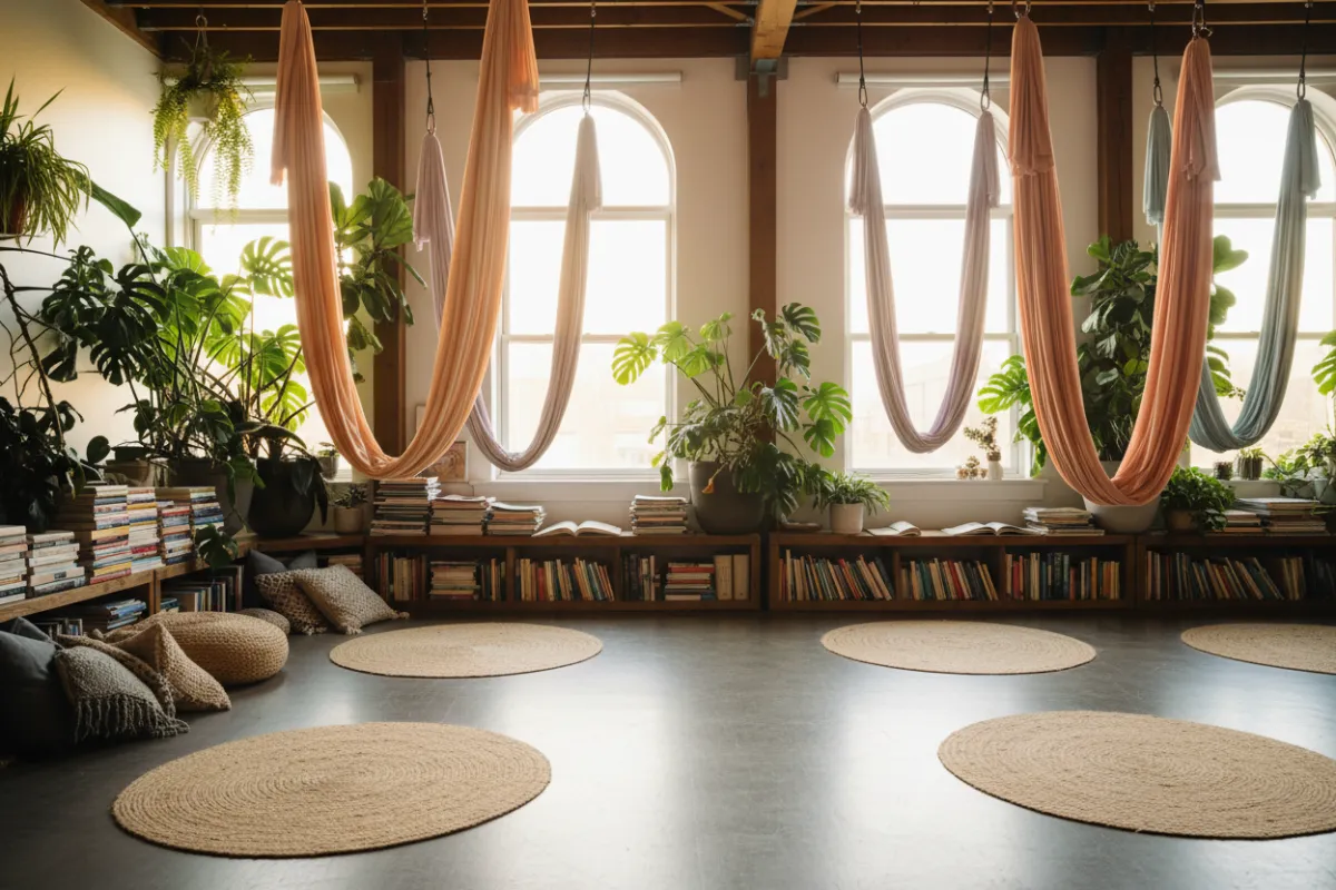 A sunlit studio with several aerial silk hammocks hanging from the ceiling and yoga mats neatly arranged below. The space is filled with natural light, potted plants, and stacks of books, creating a welcoming environment for both aerial and mat book club participants.