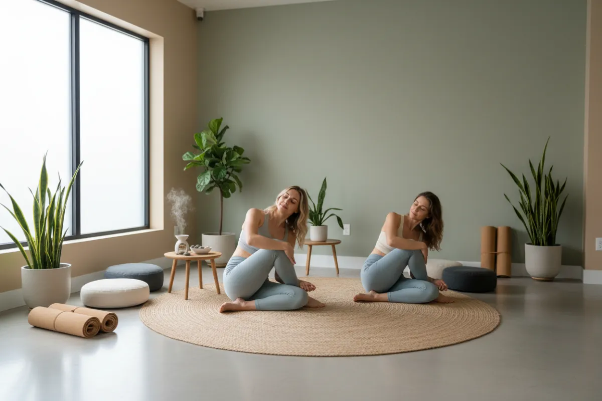 A serene studio space set for a private yoga session, with a single instructor and client. The room features soft lighting, minimal decor, and calming colors. The instructor offers personalized guidance, creating a focused, peaceful environment.