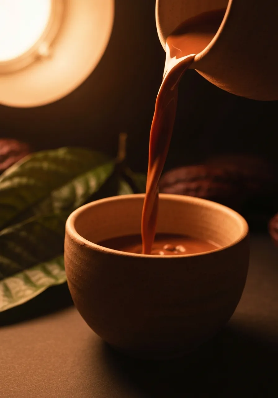 Ceremonial grade cacao pouring into a cup with a soft, warm overlay