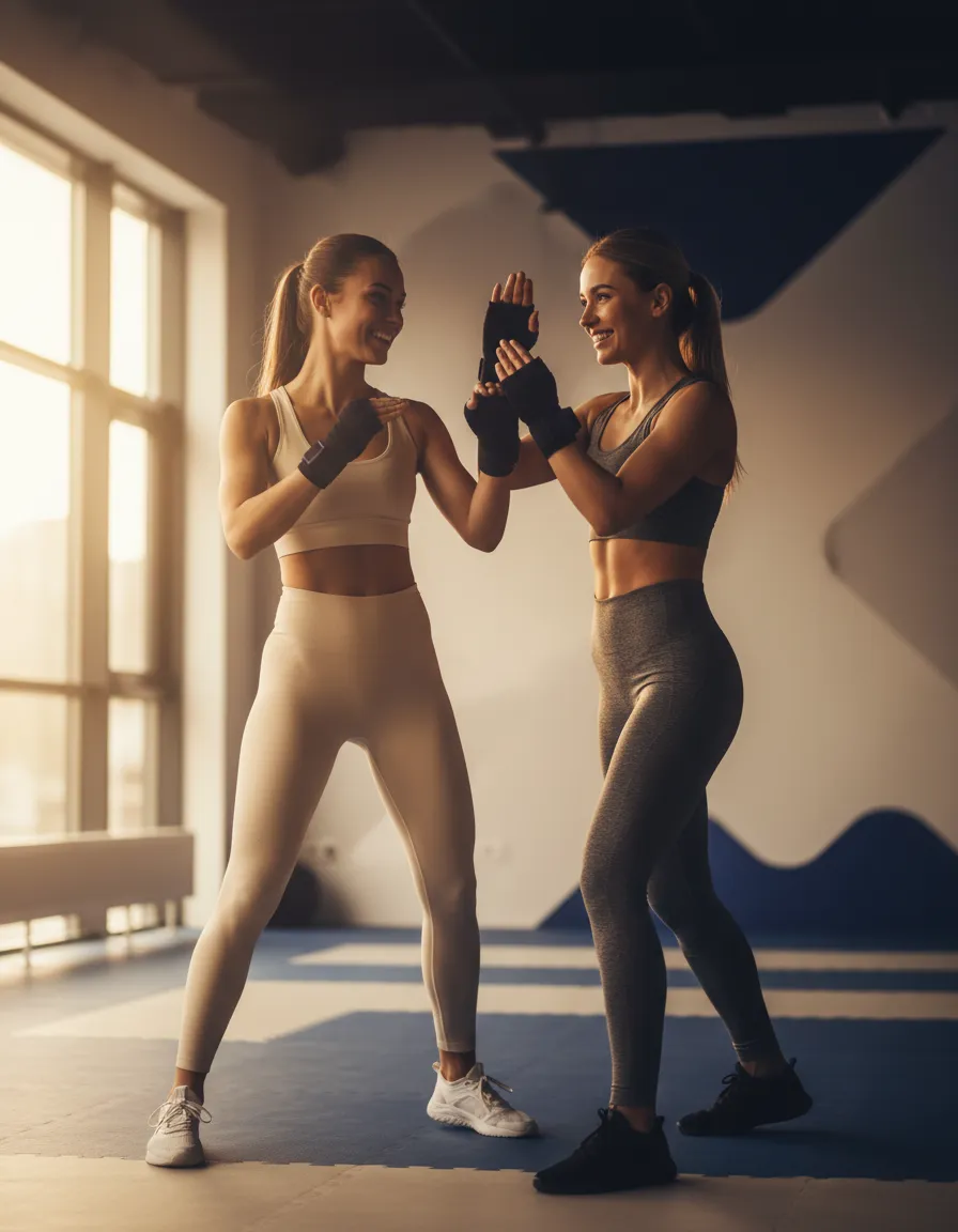 Two friends training and feeling empowered in a self-defence class