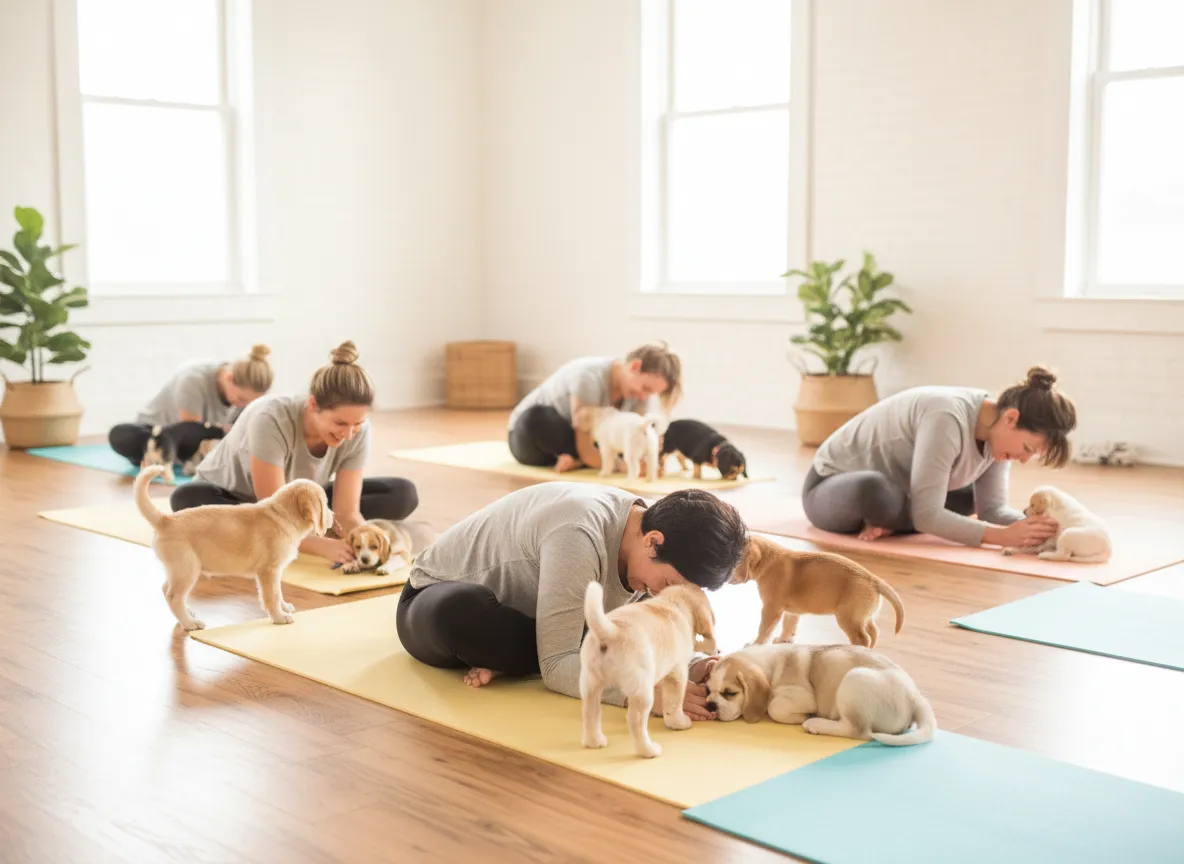 Puppy yoga class with people stretching and puppies playing