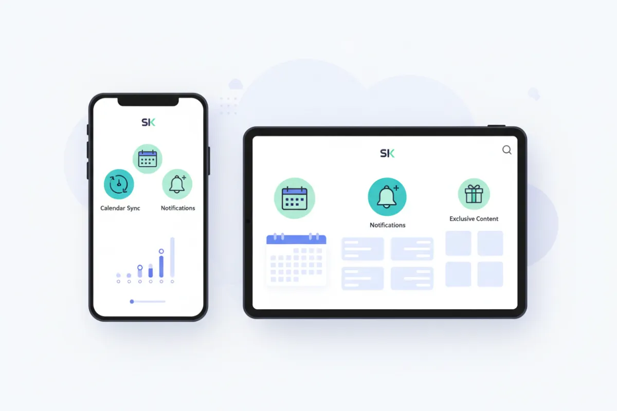 A digital illustration of a smartphone and tablet displaying the SK Fit & Studio app dashboard, with icons for calendar sync, notifications, and exclusive content. The background is clean and minimal, emphasizing the app's user-friendly features and modern design.