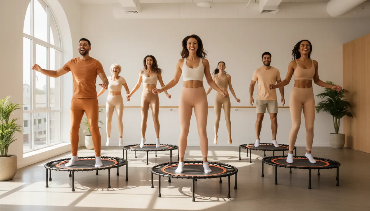 Group of people smiling and bouncing on mini trampolines in a bright studio