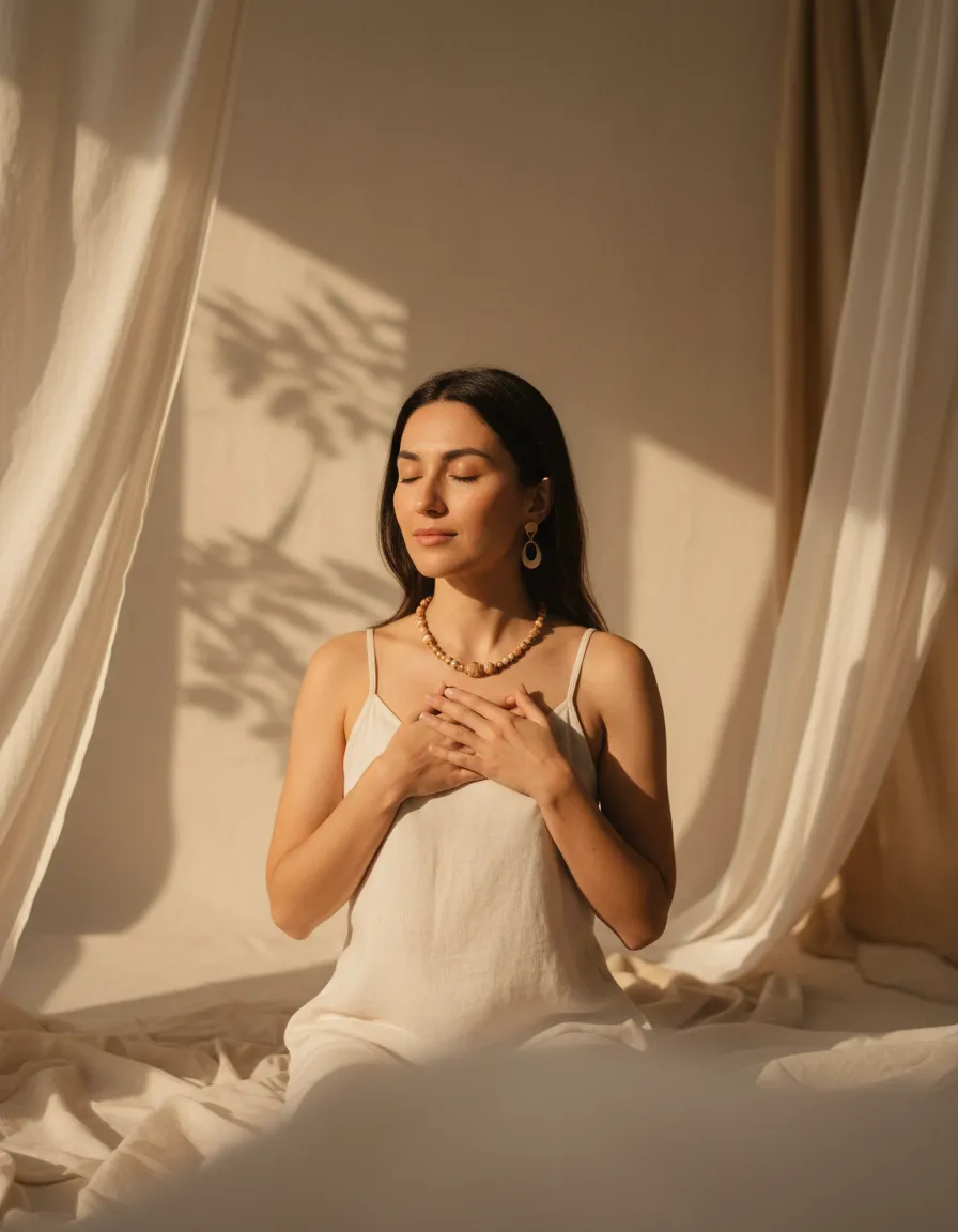 A woman closing her eyes in peaceful intention setting
