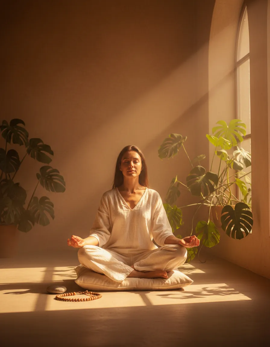 A serene moment of meditation in a sunlit sanctuary