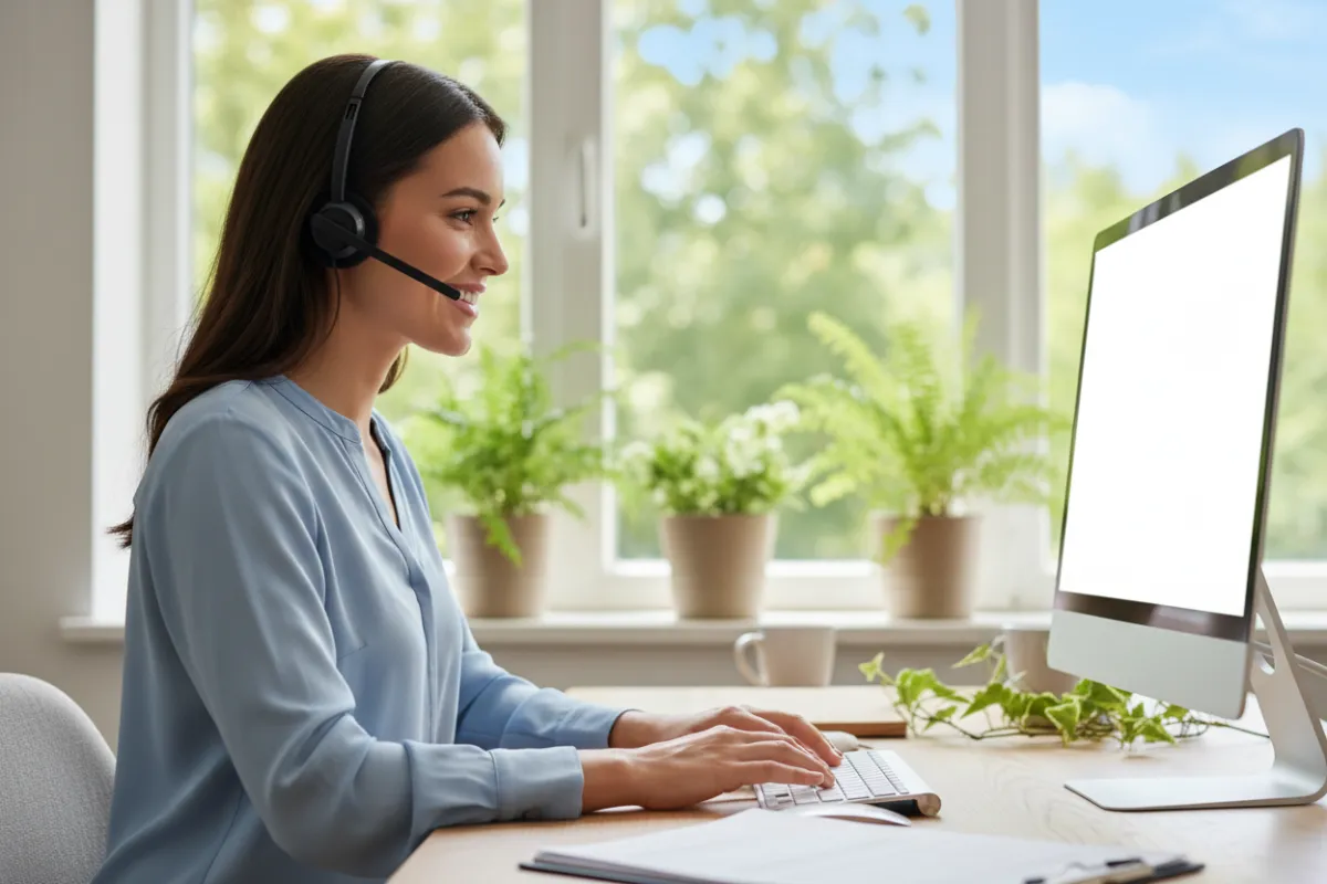 A customer service representative at a desk, smiling and ready to help.