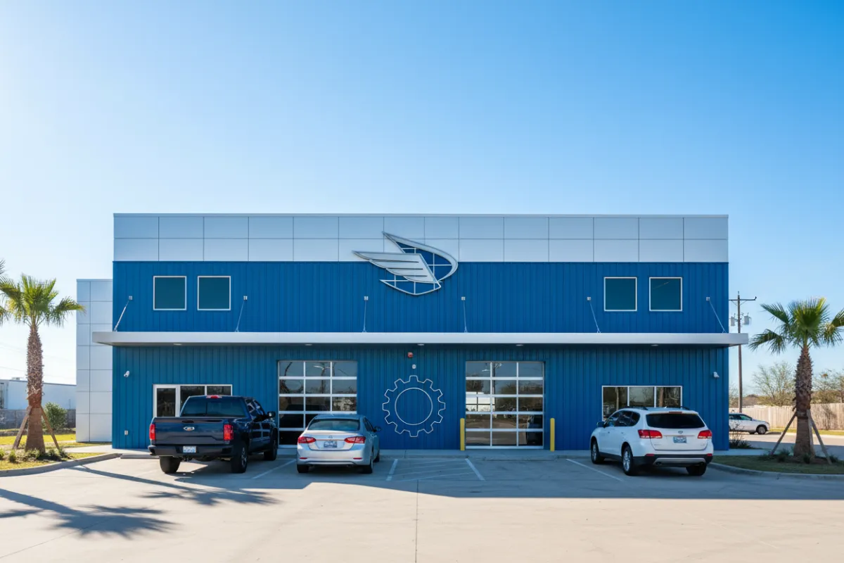 Modern auto repair shop exterior in Texas, blue and white facade, parked vehicles, clear signage, bright sky, professional business environment
