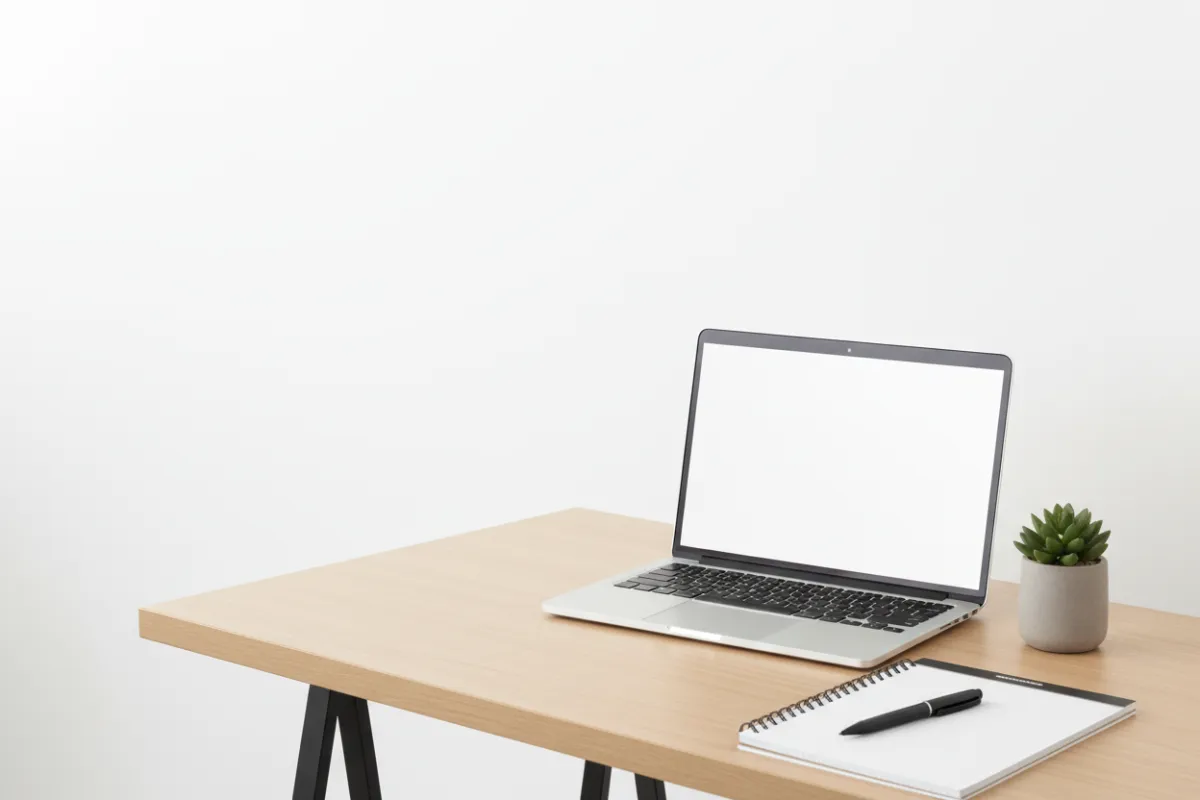 Minimal, clean consultation setting: modern desk with laptop, notepad, and potted plant, white background.