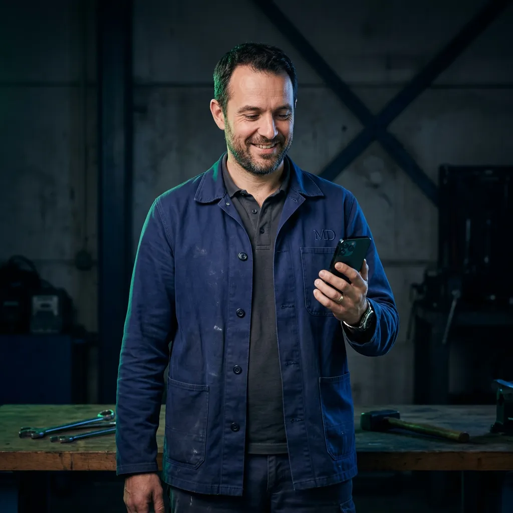 Artisan indépendant équipé d'un smartphone sur chantier gérant ses devis sans effort