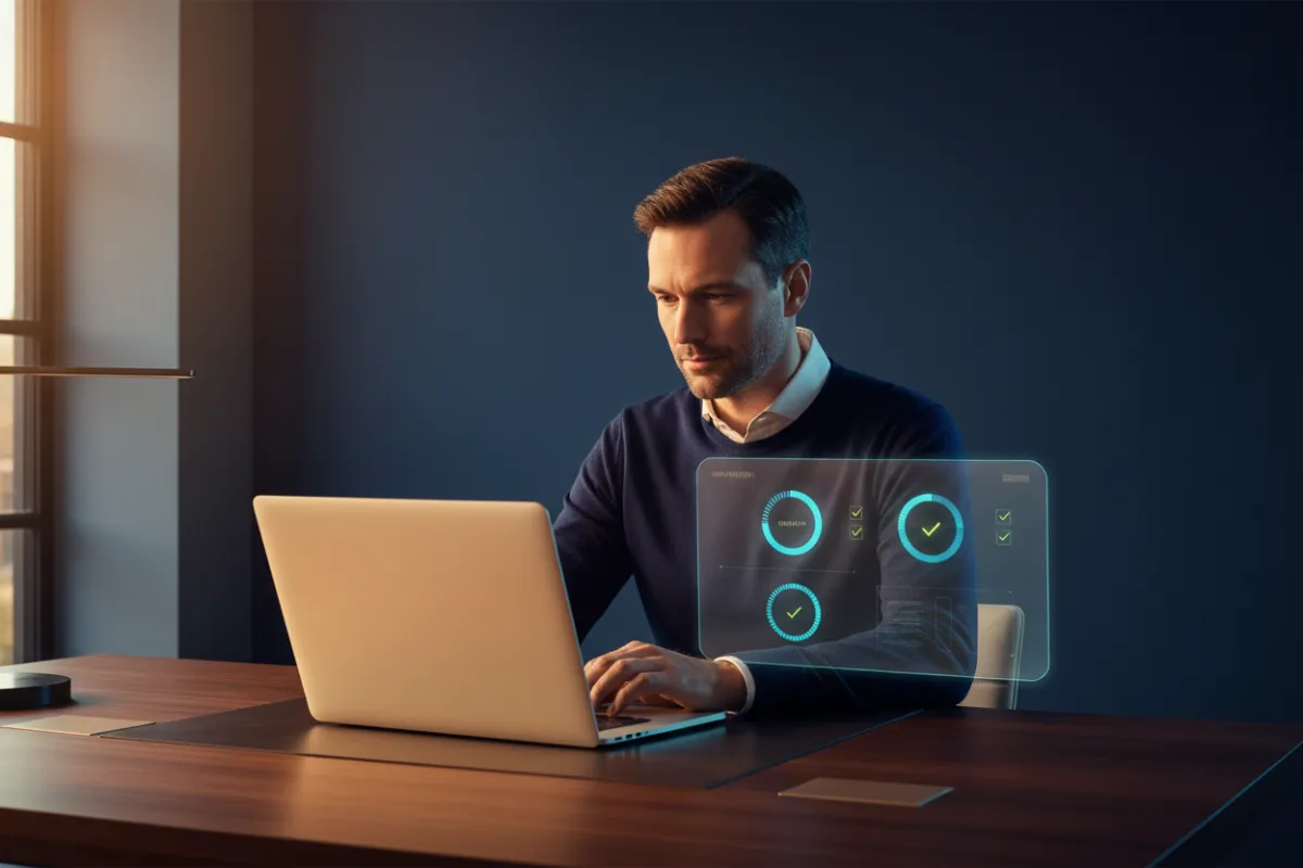 A man at his laptop activating his business with Riley
