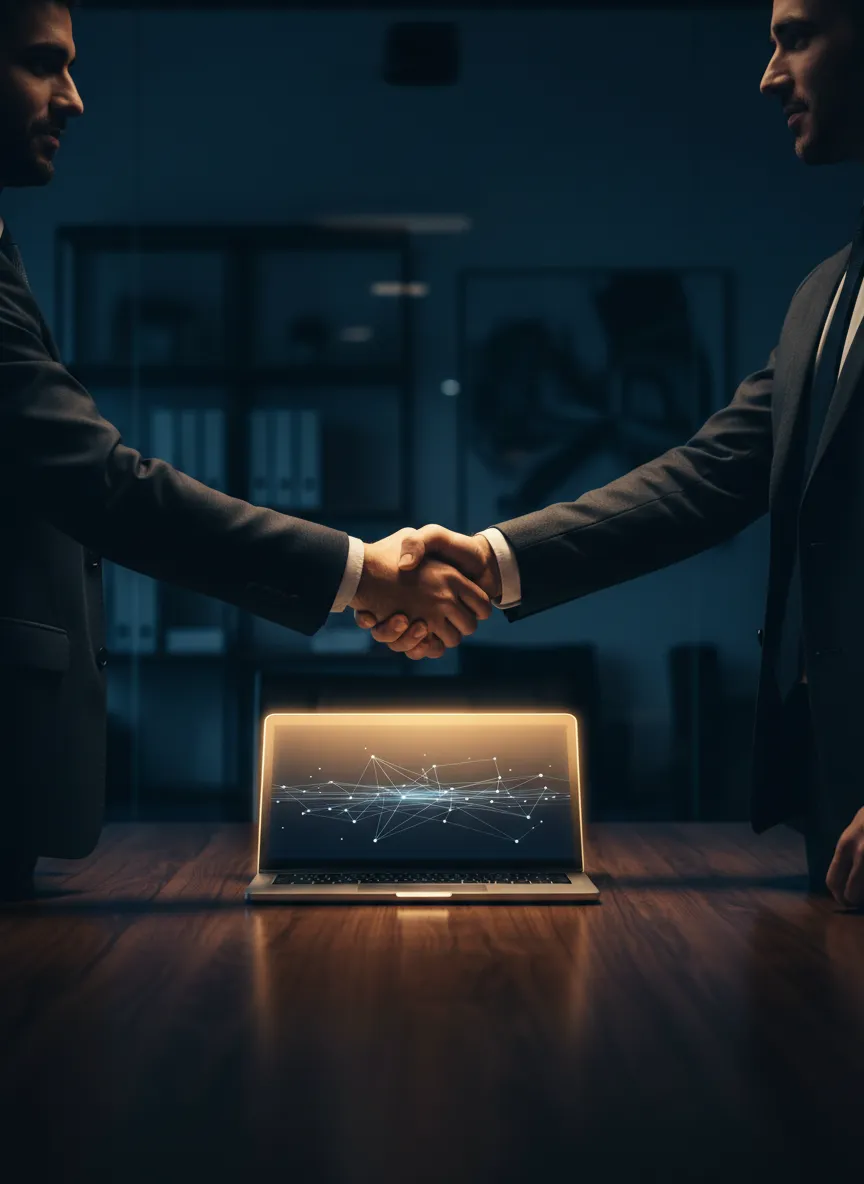 Two men shaking hands over a laptop representing business partnership and legacy