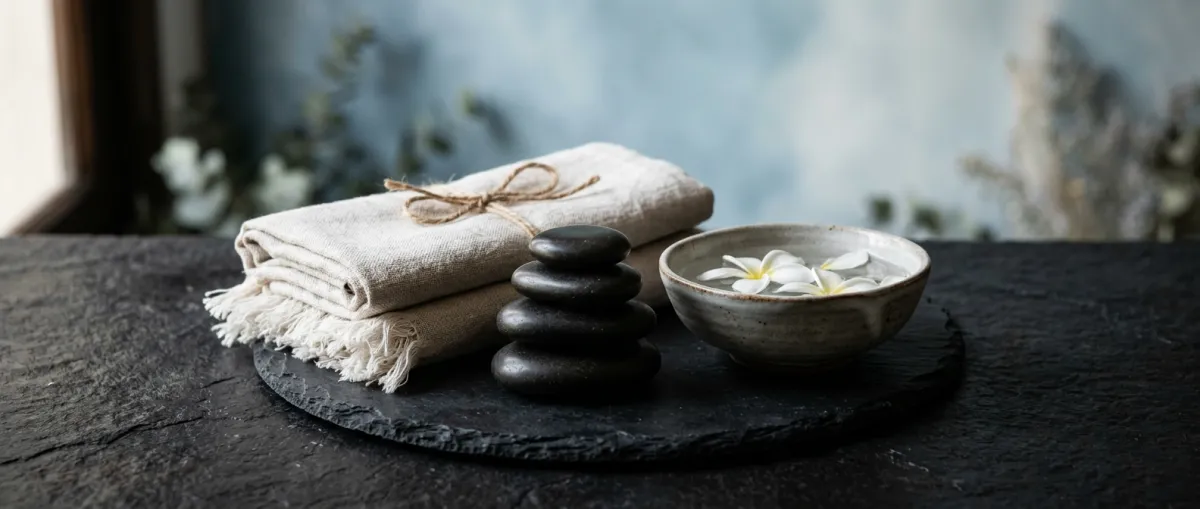 Ambiente rituale benessere con pietre levigate, teli morbidi di lino e luce soffusa naturale a Stresa