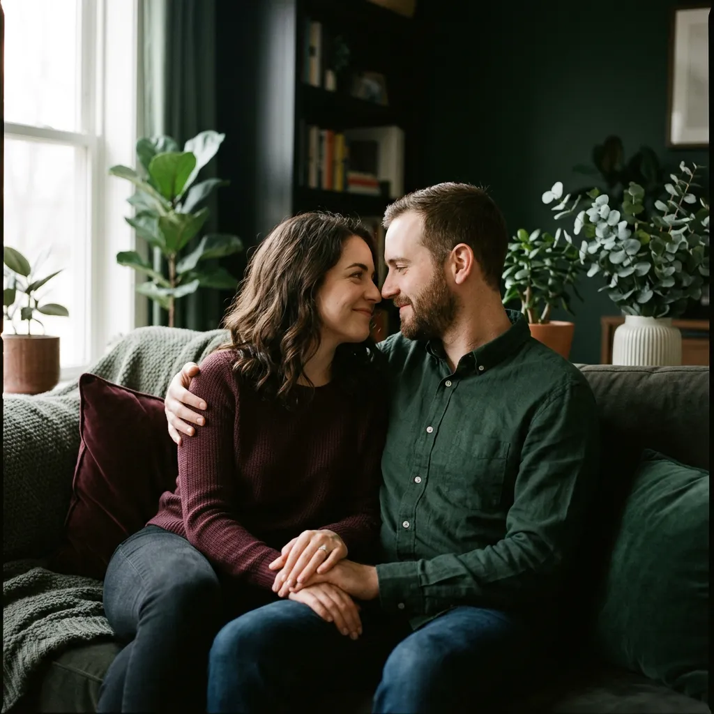 Editorial portrait of a couple in a quiet, intimate moment
