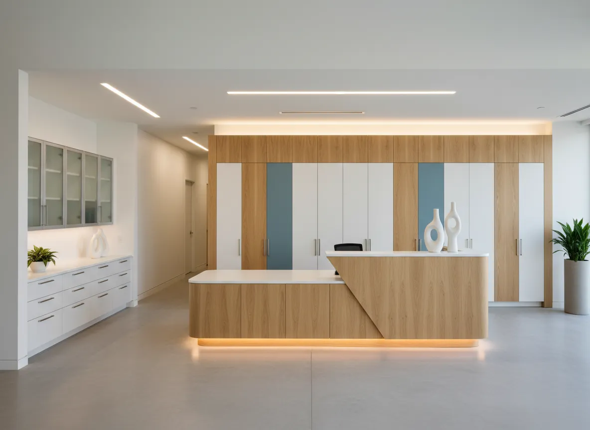 Commercial reception desk and office cabinetry by IGS Cabinets