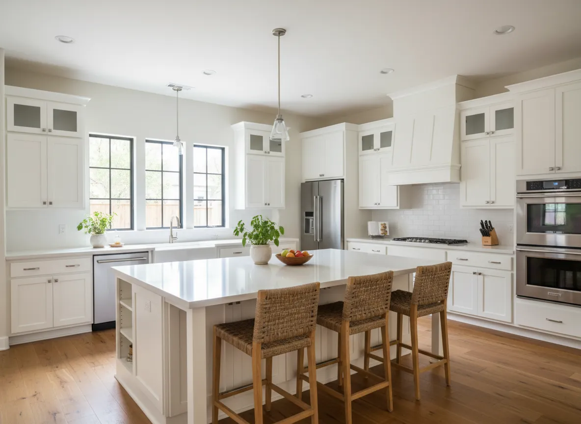 Custom white shaker kitchen cabinets with island in Central Valley home