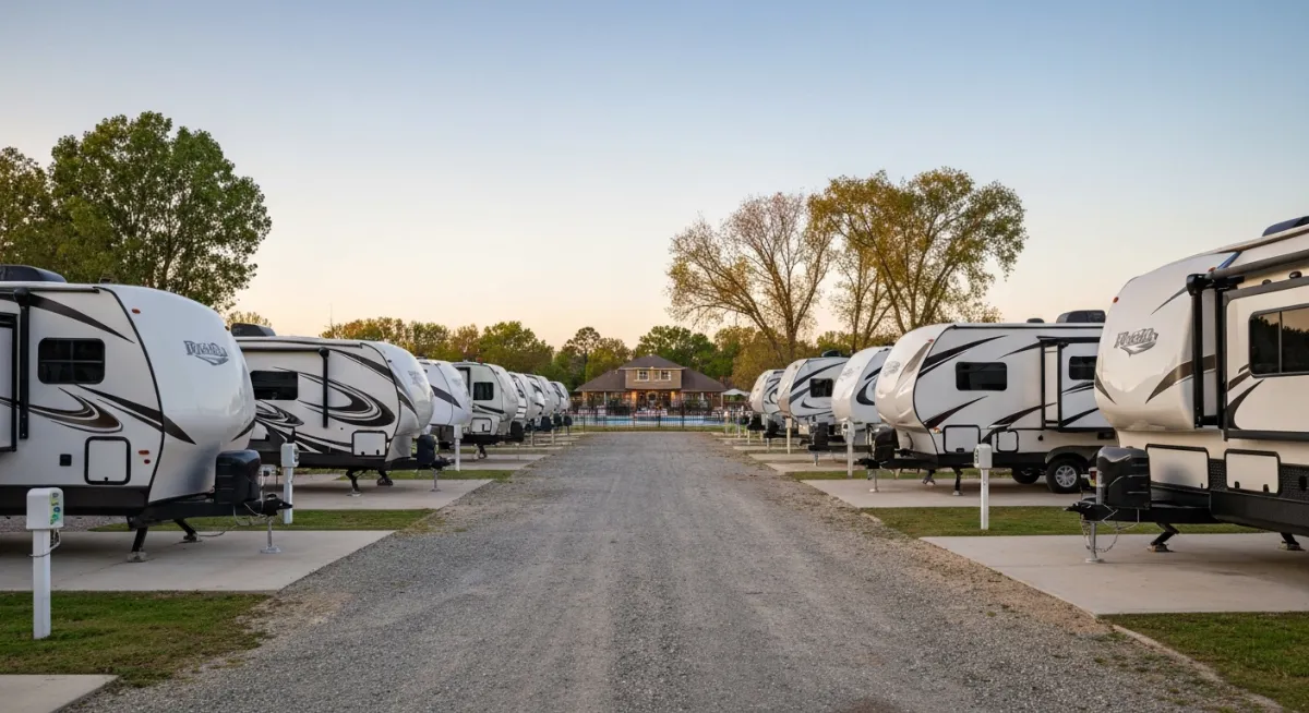 RV park with multiple RVs, campground road, and amenities in the distance