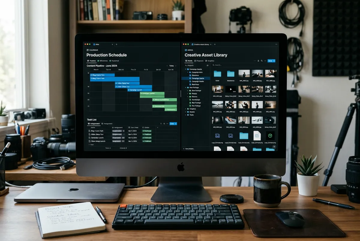 Content creation production schedule and creative asset library interface mockup