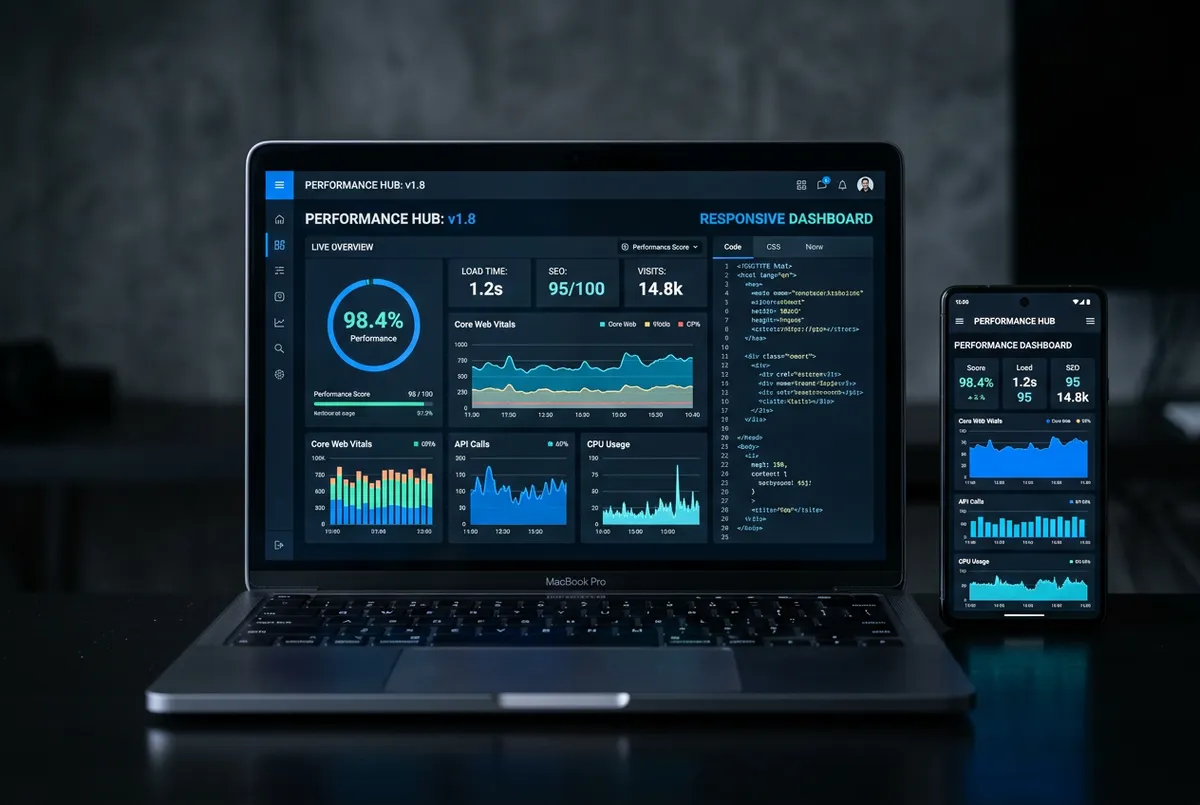 Responsive web design and performance overhaul mockup across laptop and mobile devices