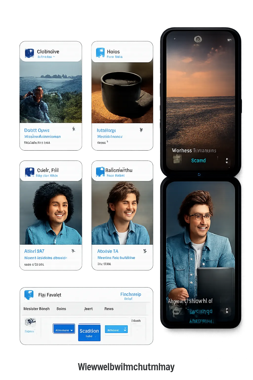 Editorial social media mockup collage showing square post previews, vertical reel mockups, and content scheduling interface