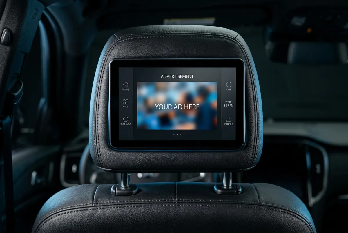 High-resolution headrest mounted digital screen display inside rideshare vehicle interior