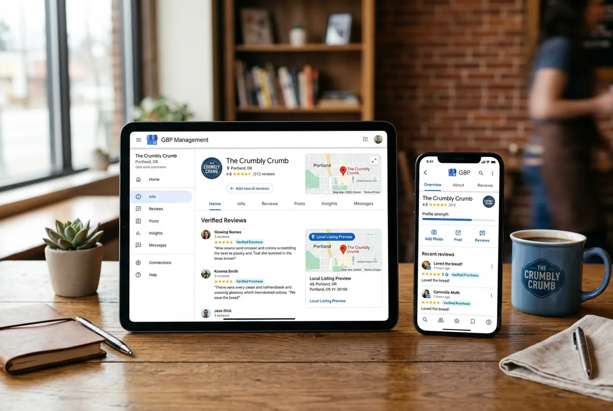 Google Business Profile management interface with verified reviews and local listing preview