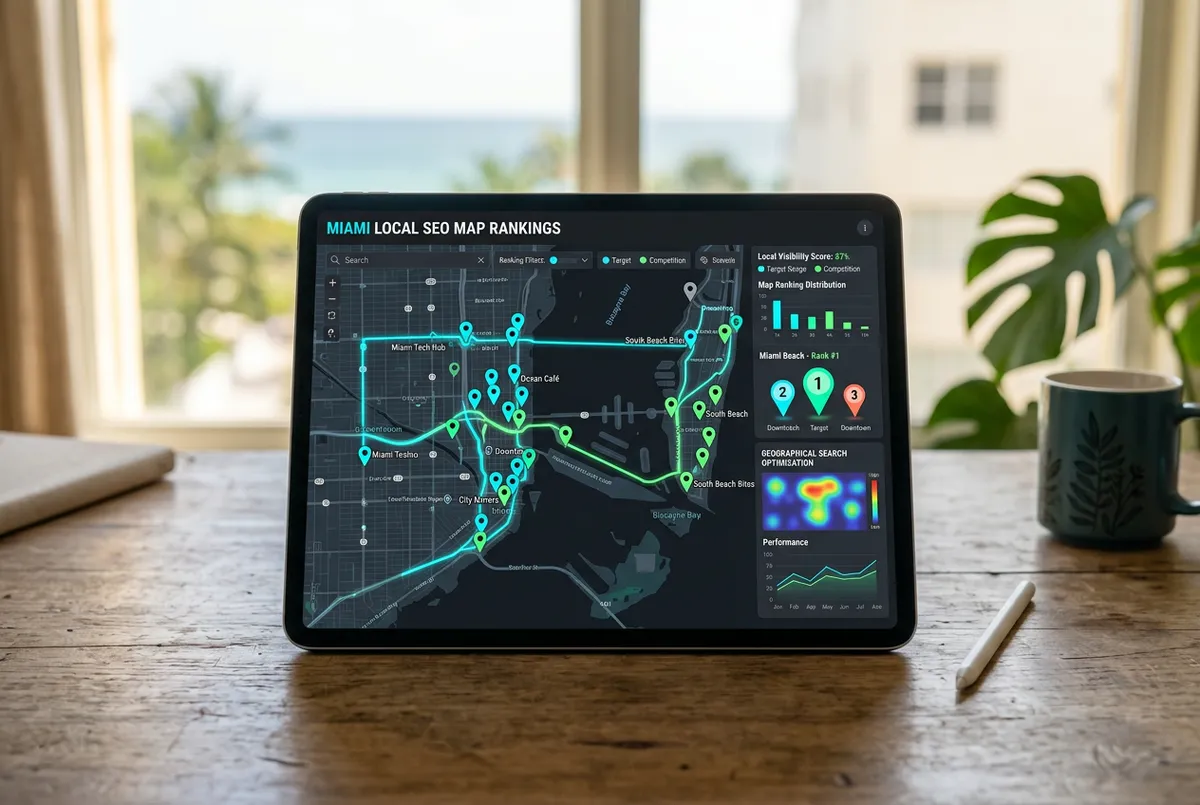 Local SEO map rankings and geographical search optimization interface on tablet screen