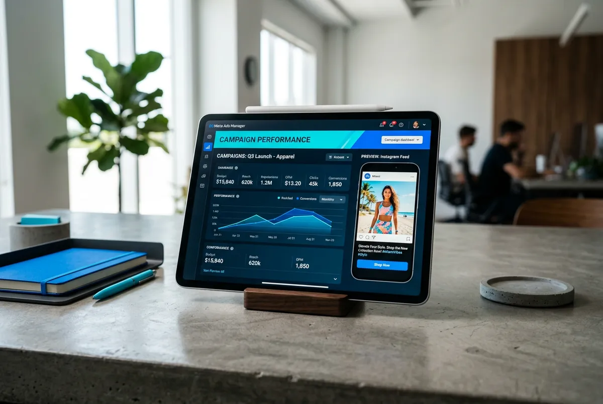 Meta advertising campaign dashboard and visual ad preview on modern device mockup