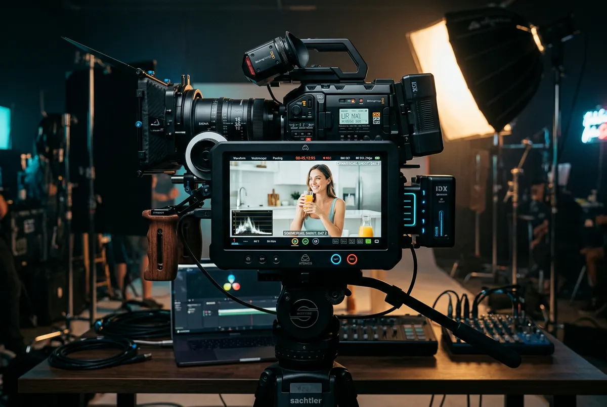 Commercial photography set and video camera production monitor setup mockup