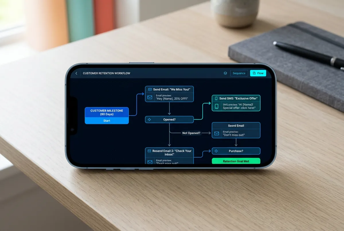 Automated email and SMS retention workflows sequence editor on smartphone interface
