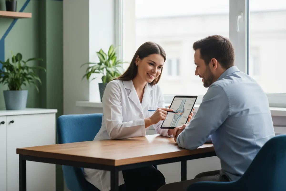 Warm, professional clinic scene showing a clinician consulting with an adult patient; conveys trust, clarity, and approachable care. Subtle brand accents in blue #185BA8 and green #307040ff are present in props/background. Cropped to 3:2 landscape.