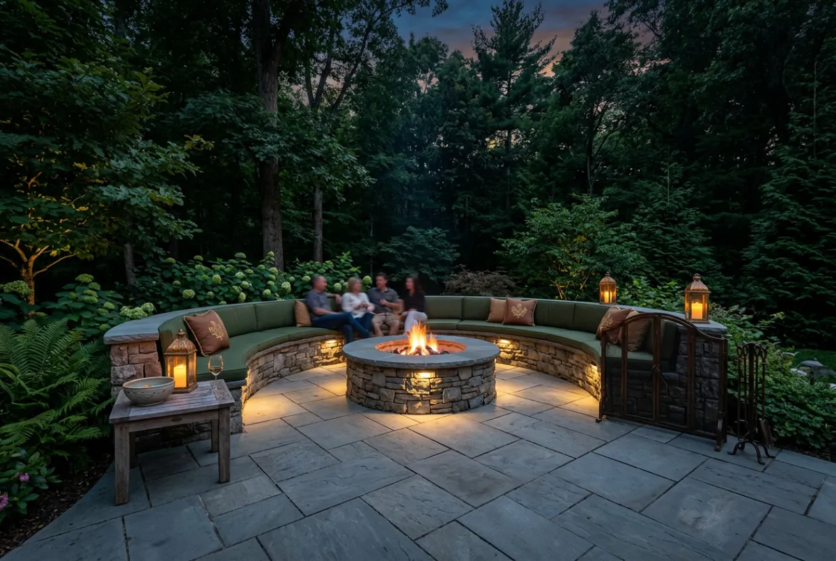 Architectural stone terrace with natural bluestone paving and outdoor fireplace