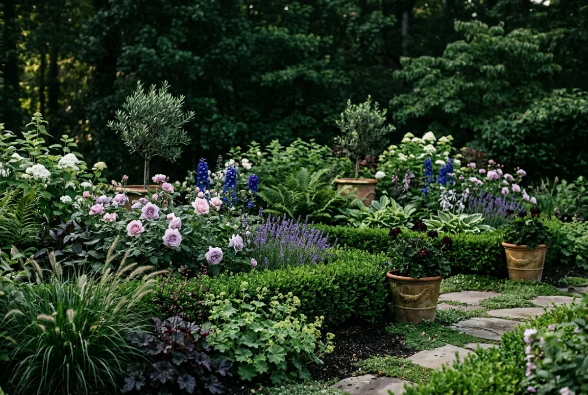 Luxurious perennial garden bed with tailored evergreen hedges and flowering plants