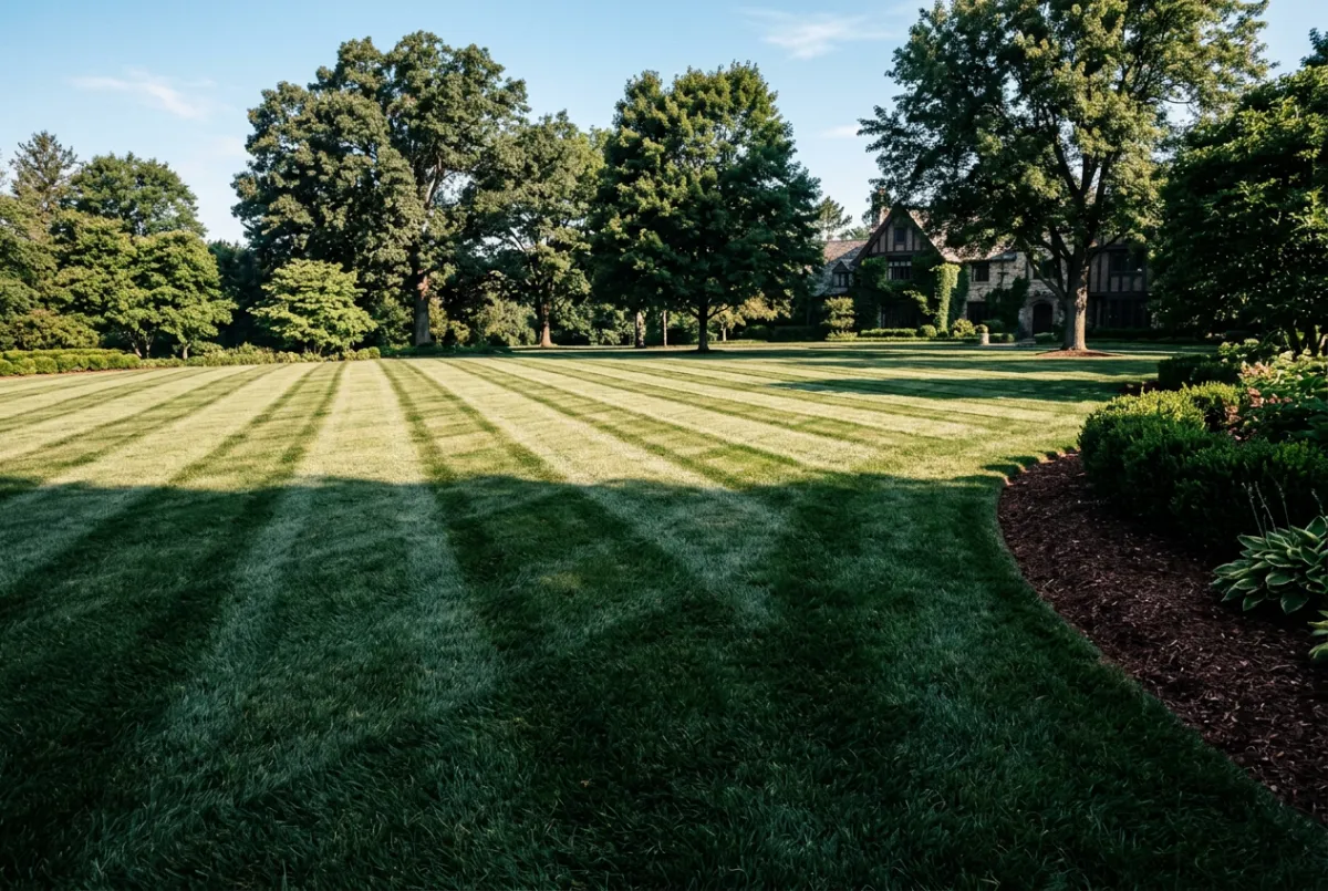 Immaculate estate lawn maintenance with crisp striping and manicured turf