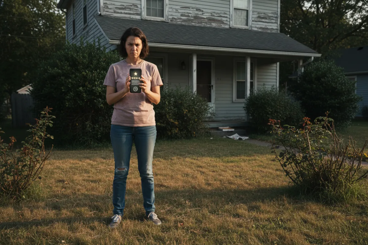 A concerned homeowner in casual clothes looks at a smartphone, frowning at a negative review. The setting is a suburban front yard with patchy grass and overgrown shrubs, highlighting the impact of poor online feedback. The image is realistic and empathetic.