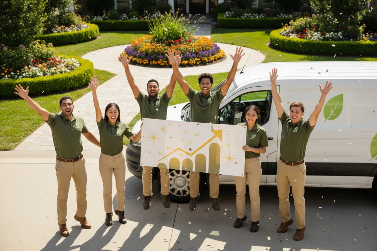 A diverse landscaping team in matching uniforms celebrates in front of a company van, holding a printed banner showing a surge in 5-star reviews. The background features a freshly landscaped property with vibrant flower beds and trimmed hedges. The image is dynamic and joyful.