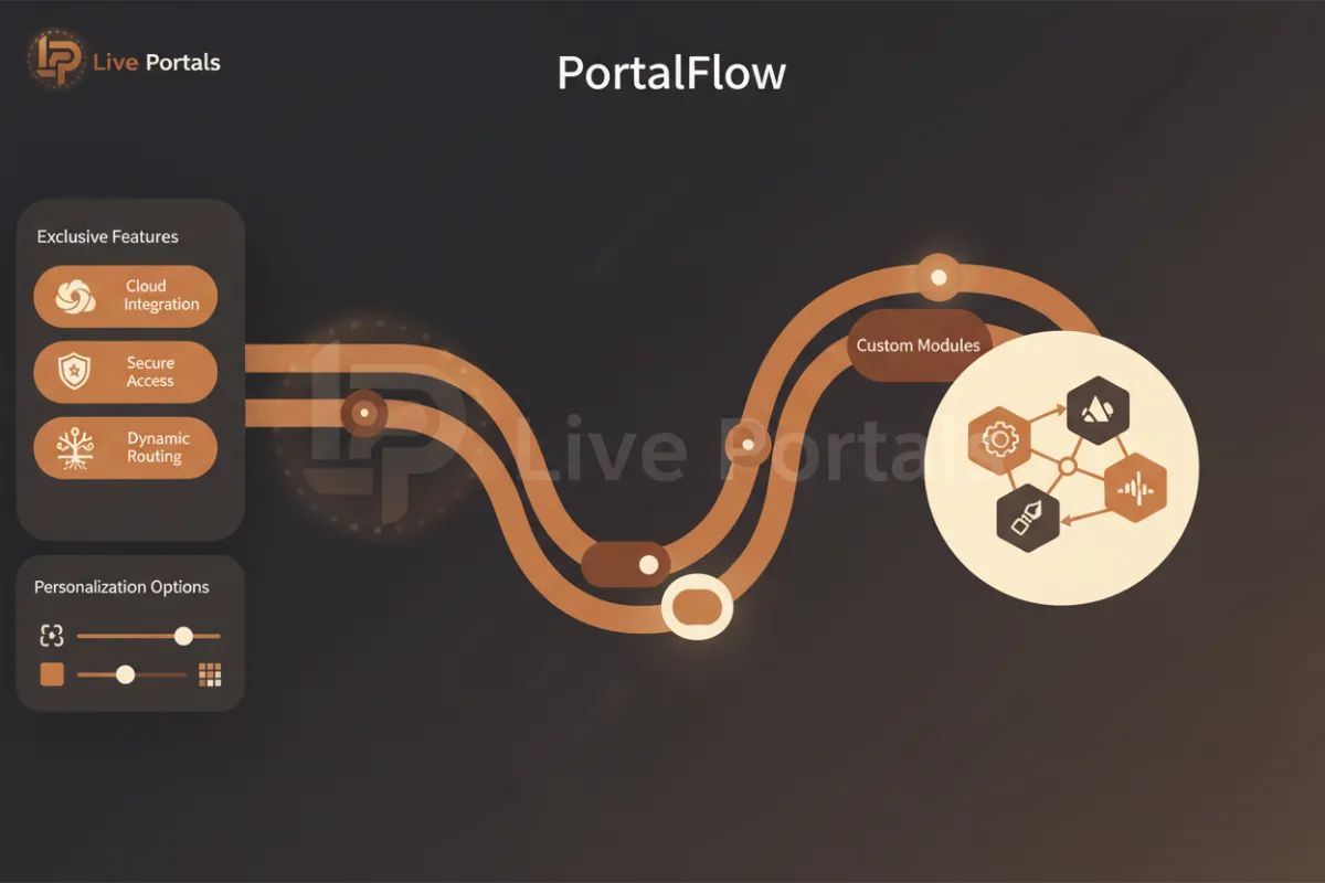 Illustration of the Live Portals PortalFlow interface with branded elements and custom modules.
