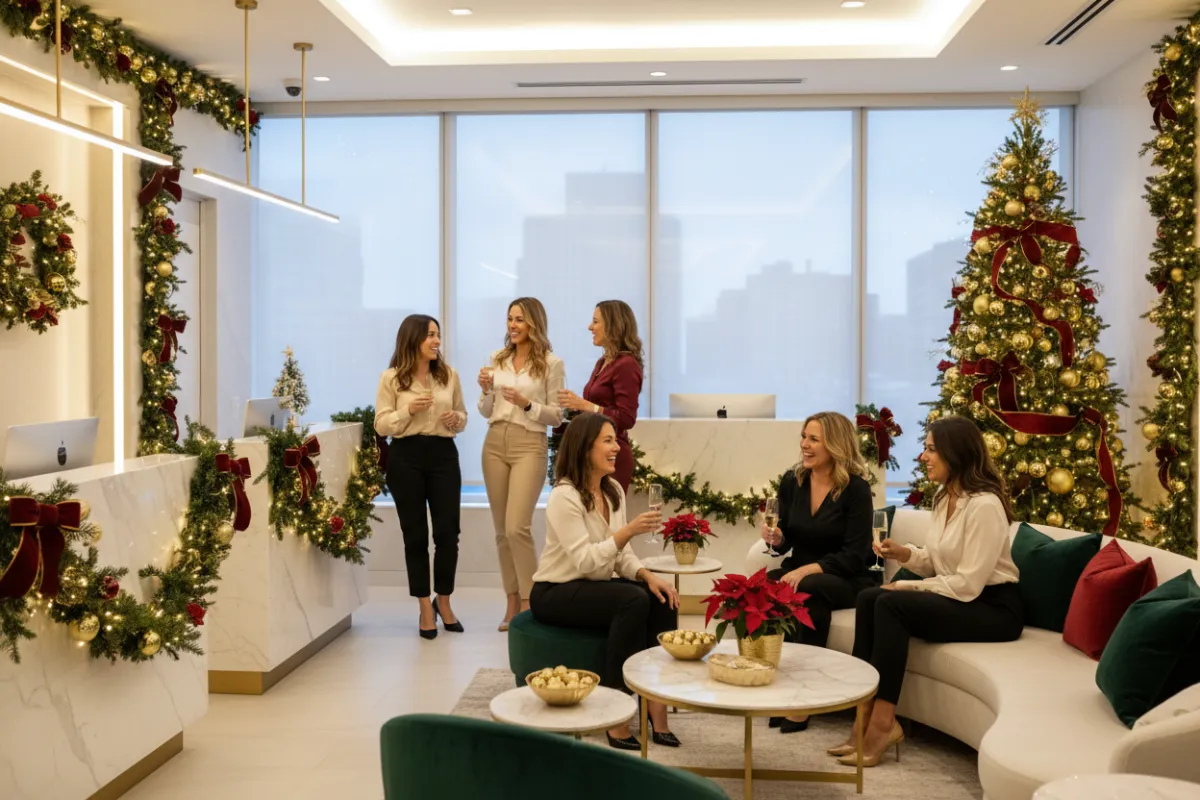 A bright, modern medspa lounge decorated for Christmas with gold, deep green, and soft red accents. Elegant garlands, twinkling lights, and a chic reception area set a festive, luxurious mood. Diverse women in their 30s and 40s, dressed stylishly, are smiling and mingling, creating a welcoming, exclusive event atmosphere.